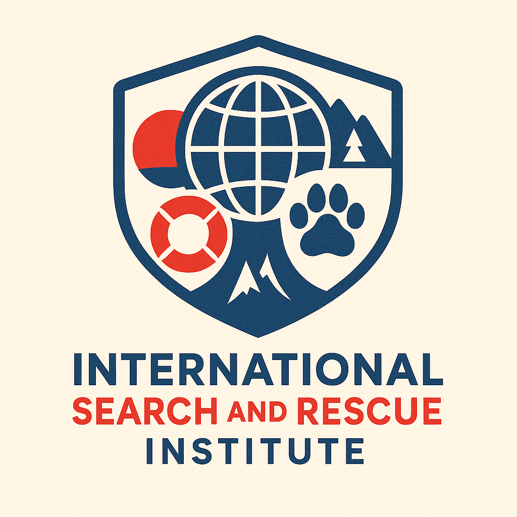 Logo with globe in the middle. around the outside are sun, mountain, life preserver ring, and dog print. Print reads International Search and Rescue Institute